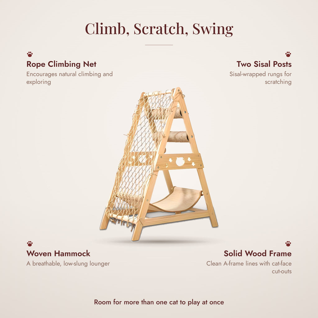 Alpine Wooden A-Frame Cat Tree features