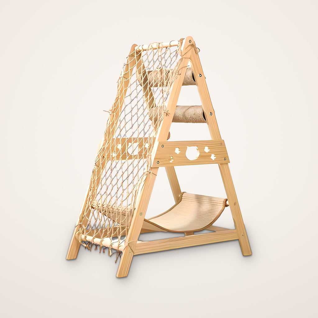 Alpine wooden A-frame cat tree with rope climbing net, two sisal scratching posts and woven hammock