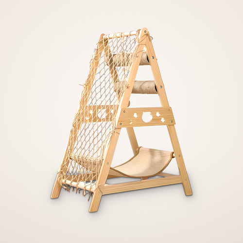 Alpine wooden A-frame cat tree with rope climbing net, two sisal scratching posts and woven hammock