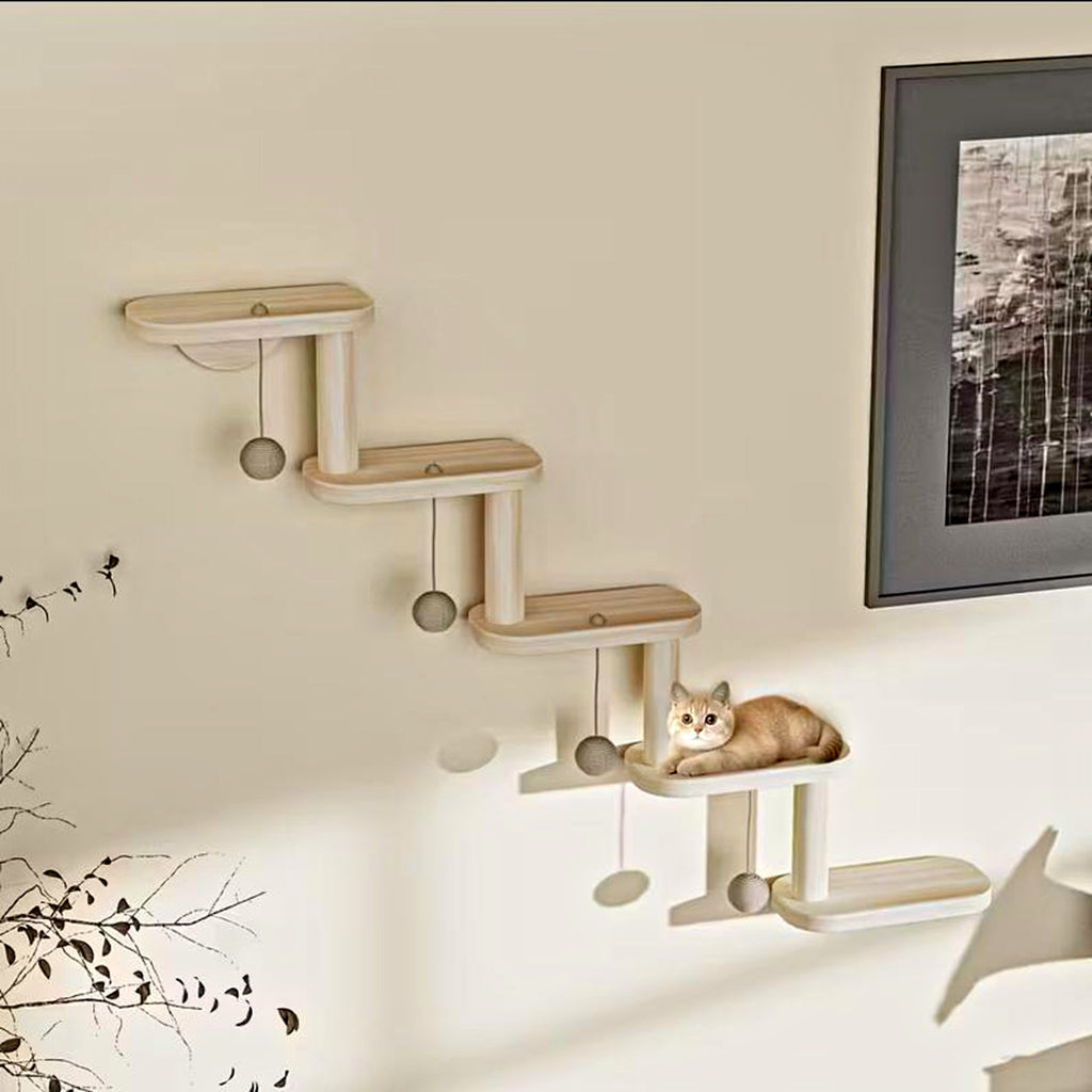 Cat relaxing on wooden cat wall steps
