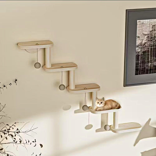 Cat relaxing on wooden cat wall steps