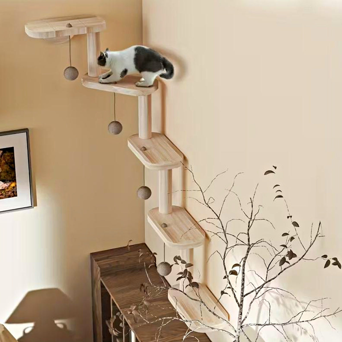Cat climbing wall-mounted wooden cat steps