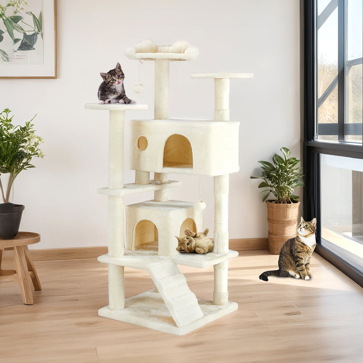 Beige cat treehouse in a sunny living room