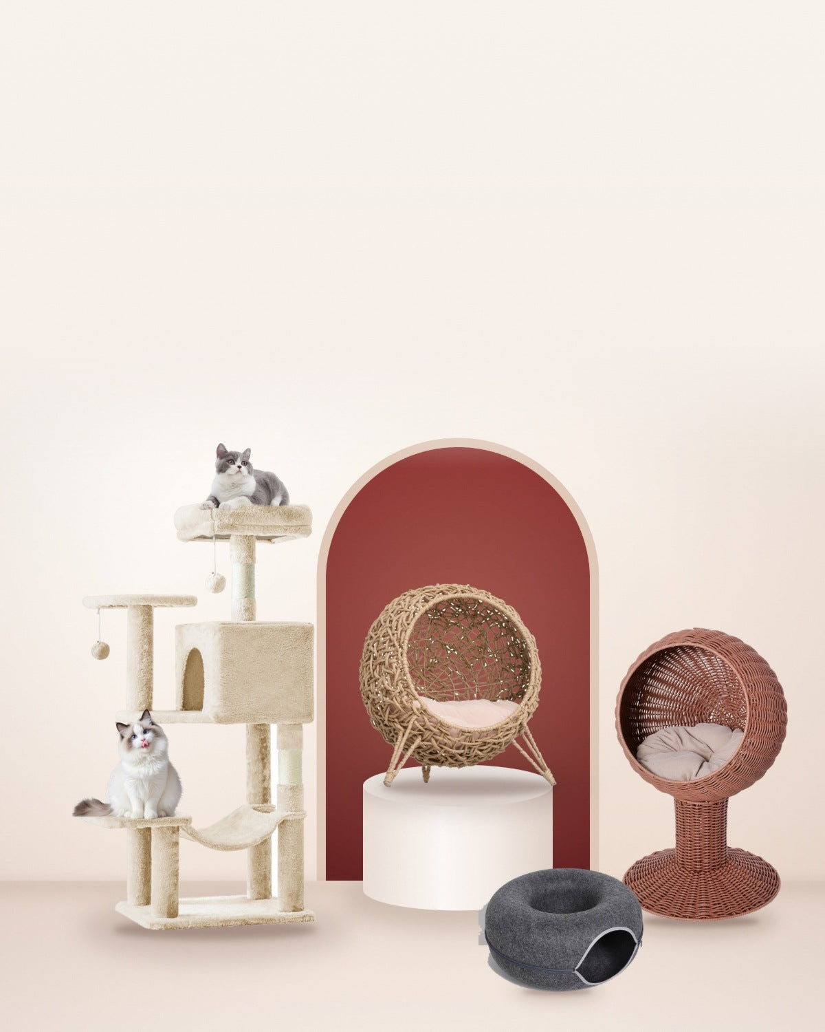 New arrivals at Cliply: cat tree with two cats, rattan ball bed, egg pod bed and felt cat cave
