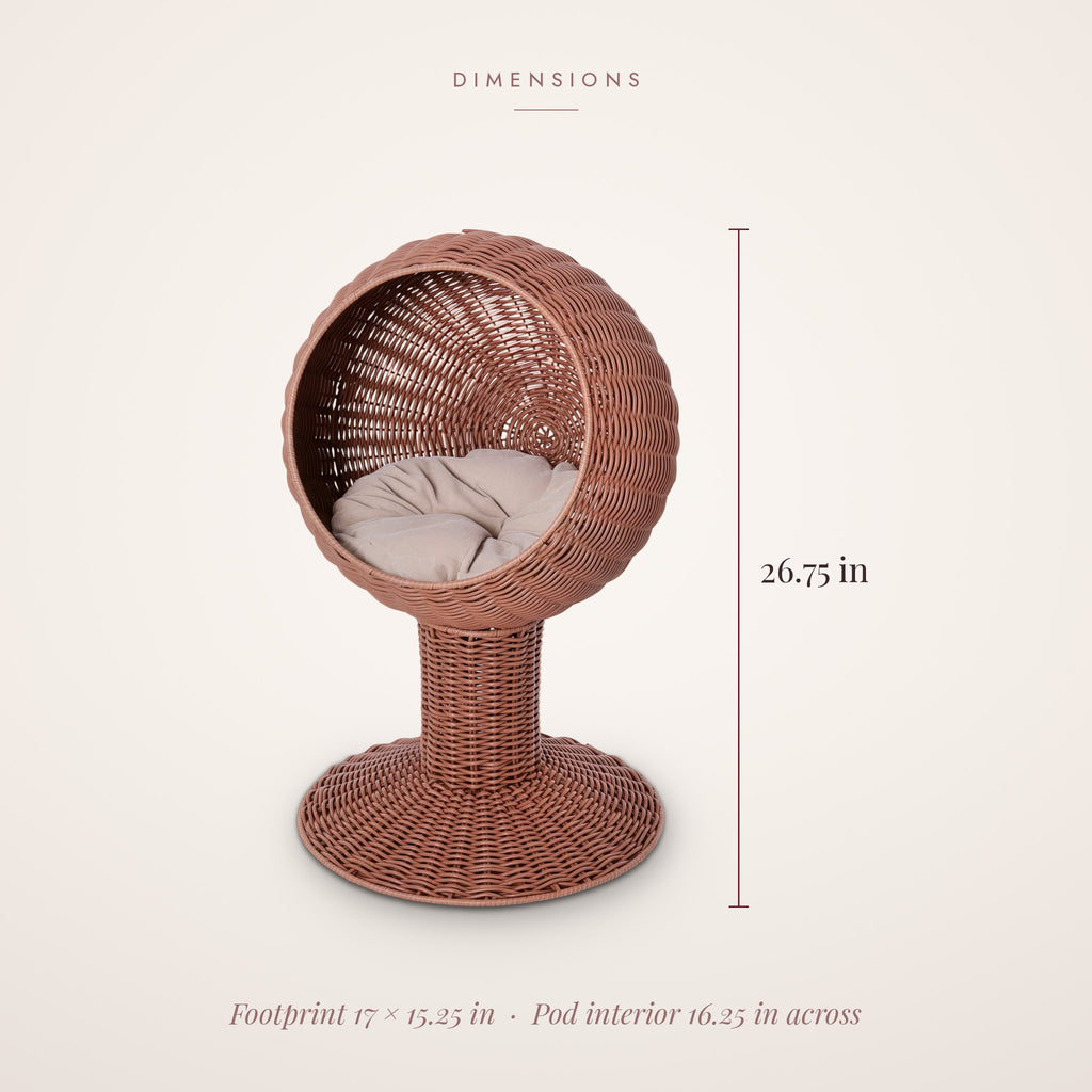 Egg pod cat bed dimensions: 26.75 in high, 17 x 15.25 in footprint, 16.25 in pod interior