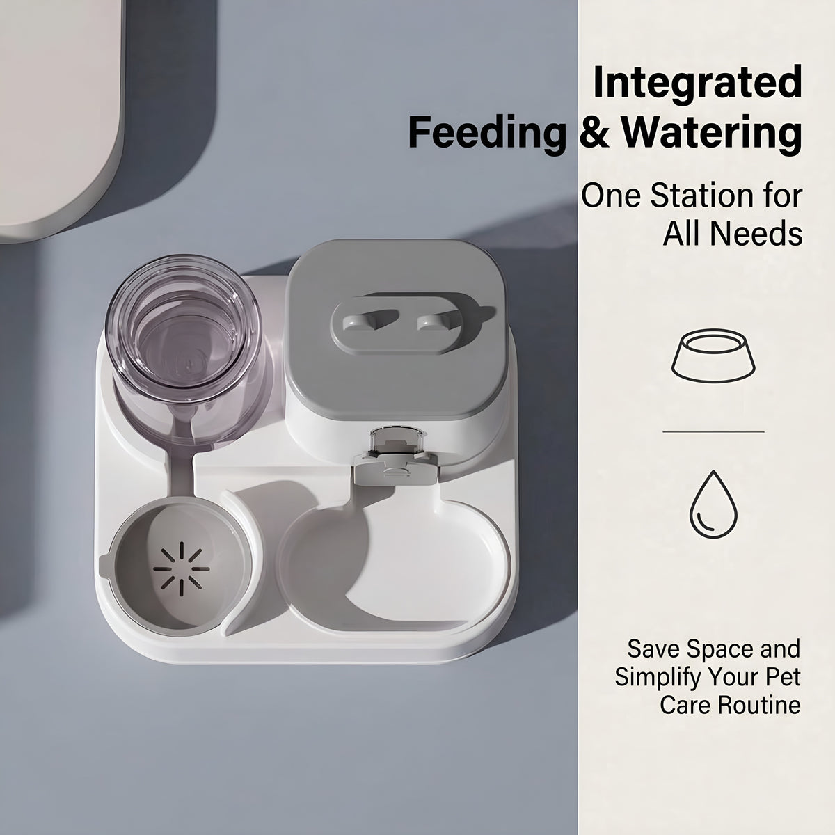 Overhead view of 2-in-1 pet food and water station, space-saving cat feeding station
