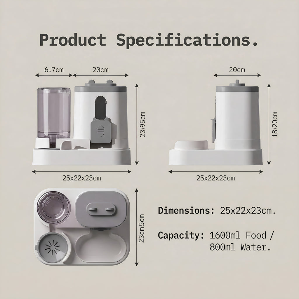 Gravity pet feeder and water dispenser dimensions and food and water capacity