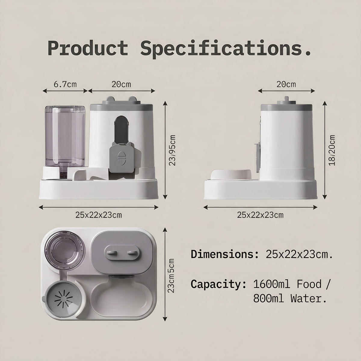 Gravity pet feeder and water dispenser dimensions and food and water capacity