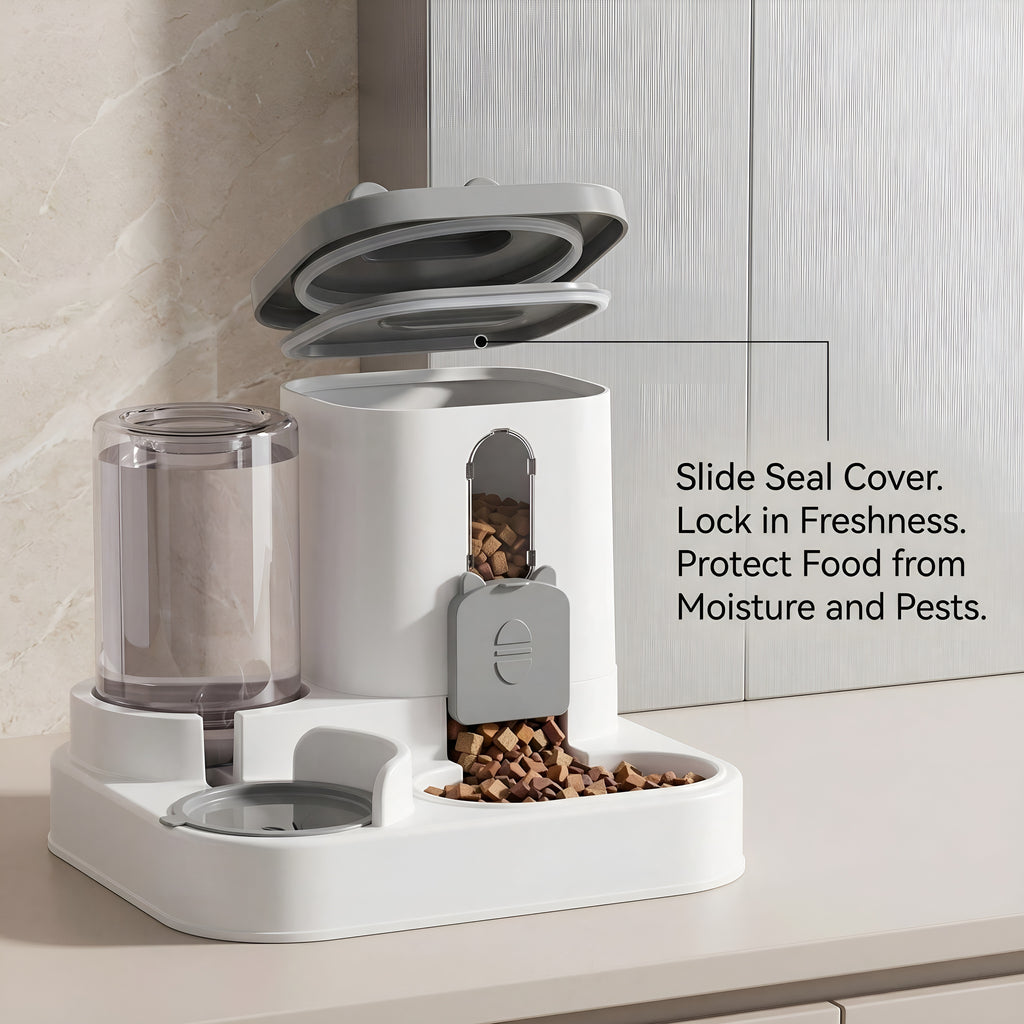 Slide seal cover on automatic cat feeder helps keep kibble fresh