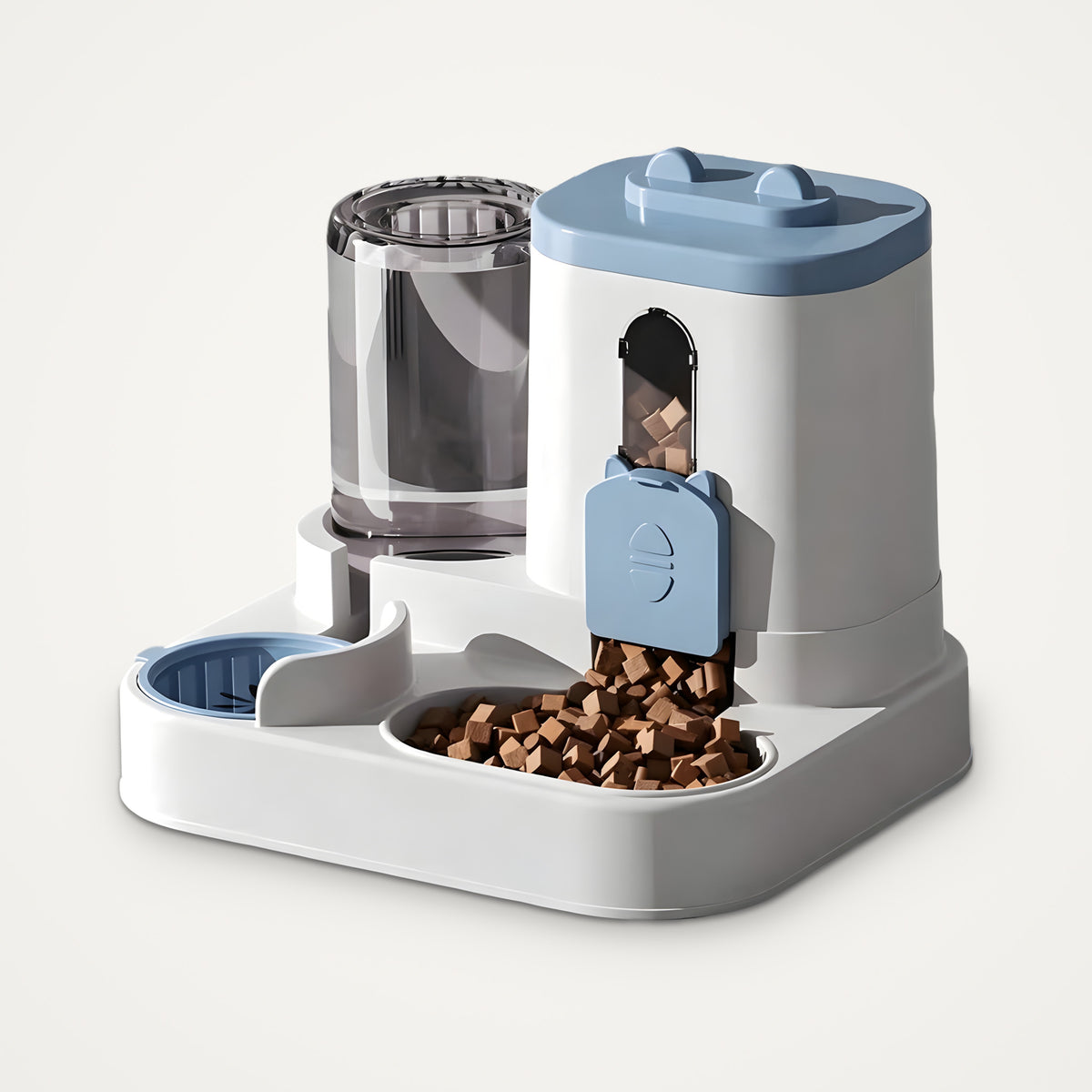 Blue cat-shaped automatic gravity pet feeder and water dispenser 2-in-1
