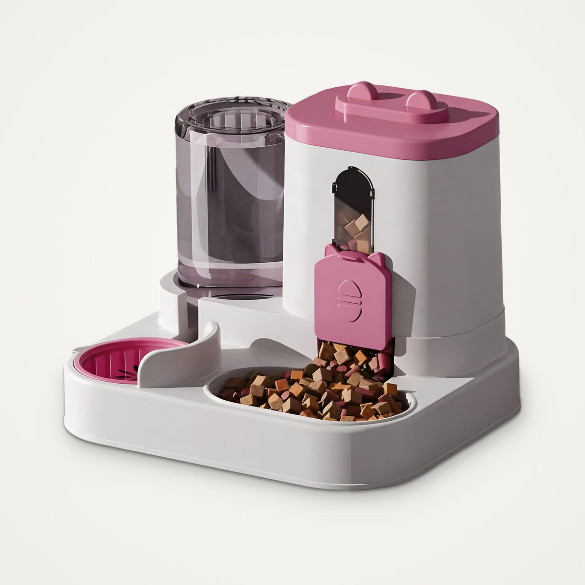 Pink cat-shaped automatic gravity pet feeder and water dispenser 2-in-1