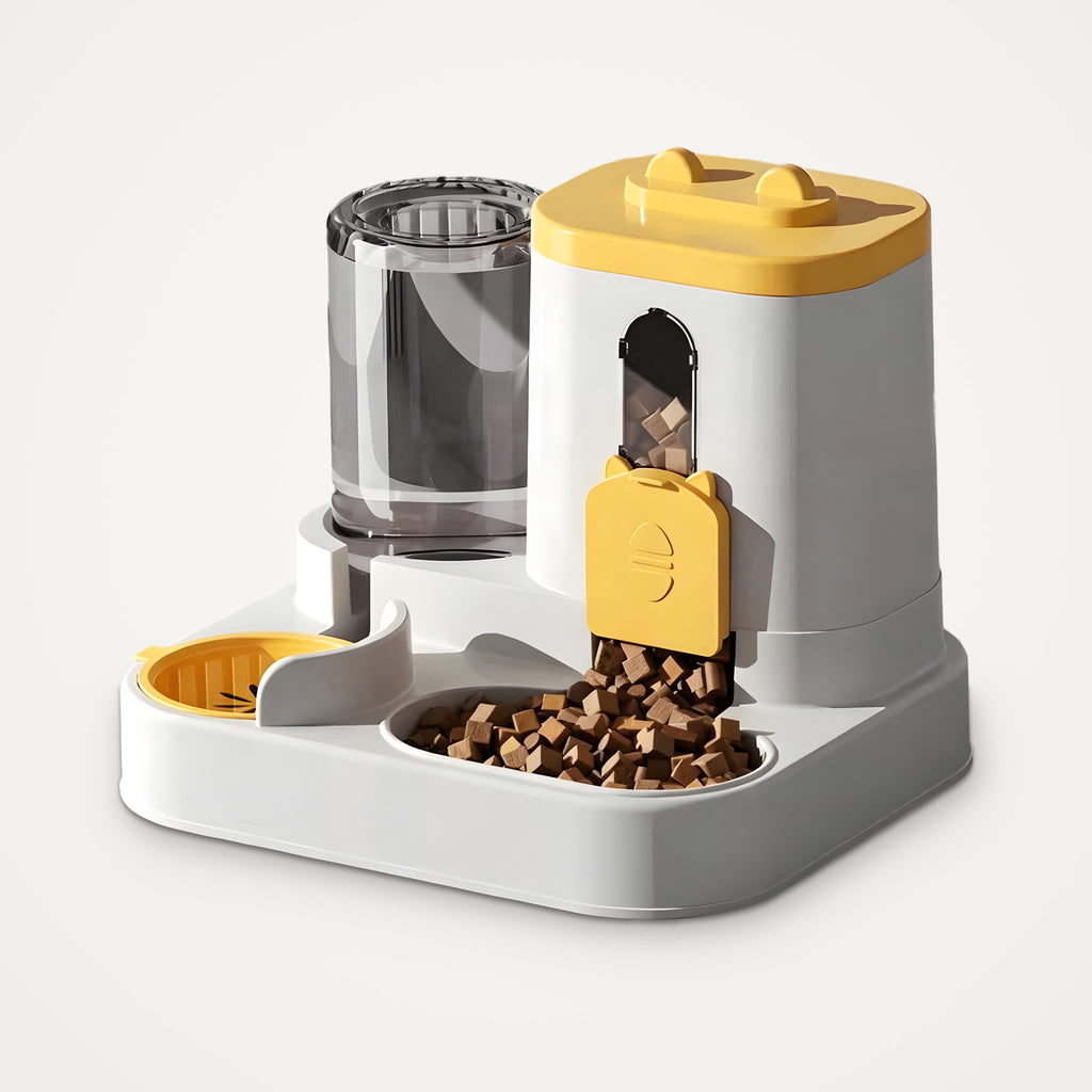 Yellow cat-shaped automatic gravity pet feeder and water dispenser 2-in-1