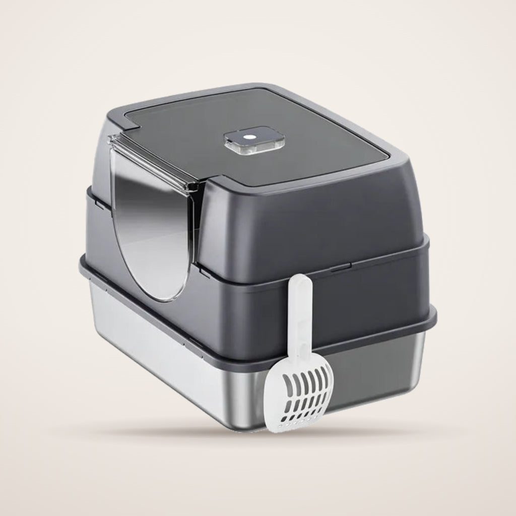 Galaxy enclosed flip-top cat litter box in charcoal with stainless steel tray and scoop
