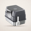 Galaxy enclosed flip-top cat litter box in charcoal with stainless steel tray and scoop