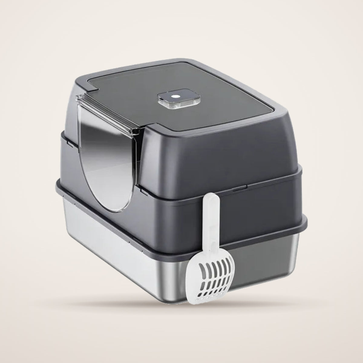Galaxy enclosed flip-top cat litter box in charcoal with stainless steel tray and scoop