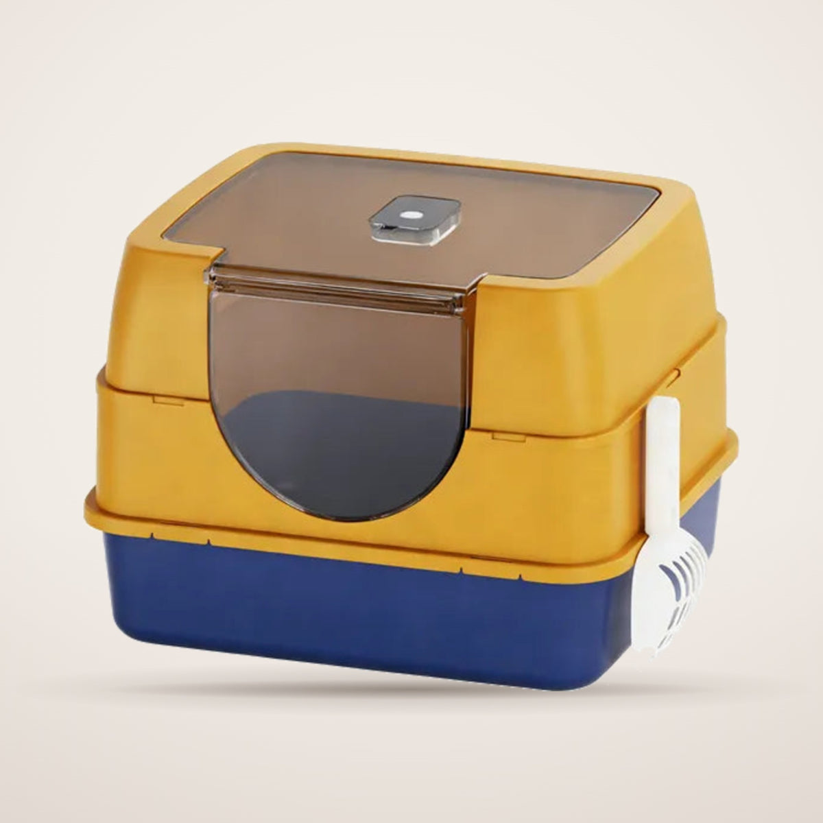 Galaxy enclosed flip-top cat litter box in sunflower yellow and navy with scoop