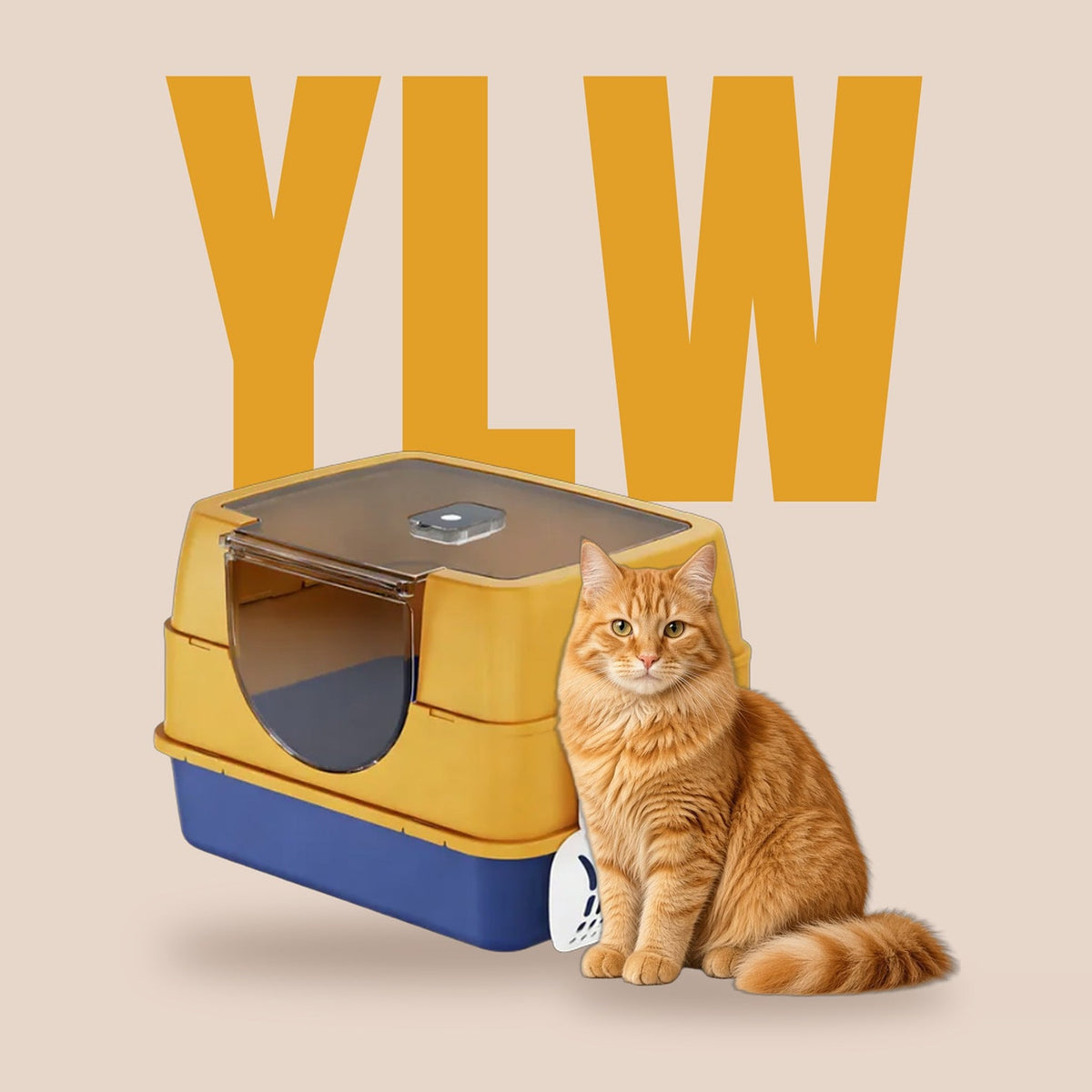 Galaxy enclosed cat litter box in sunflower yellow and navy with a ginger cat on a warm blush backdrop