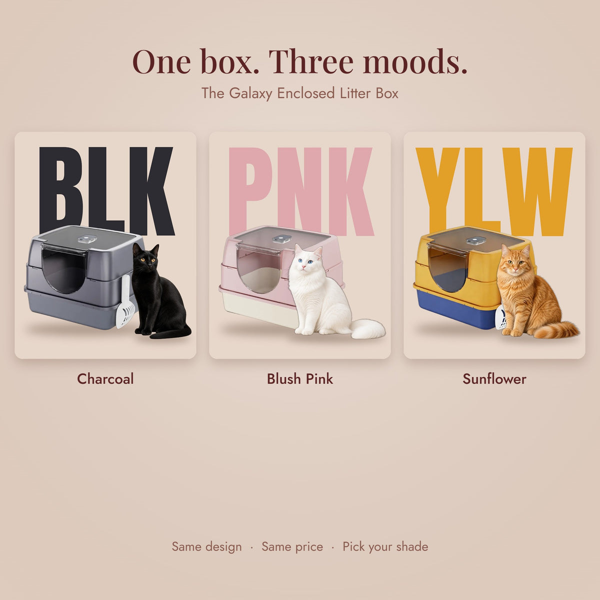 Galaxy enclosed cat litter box shown in charcoal, blush pink and sunflower yellow
