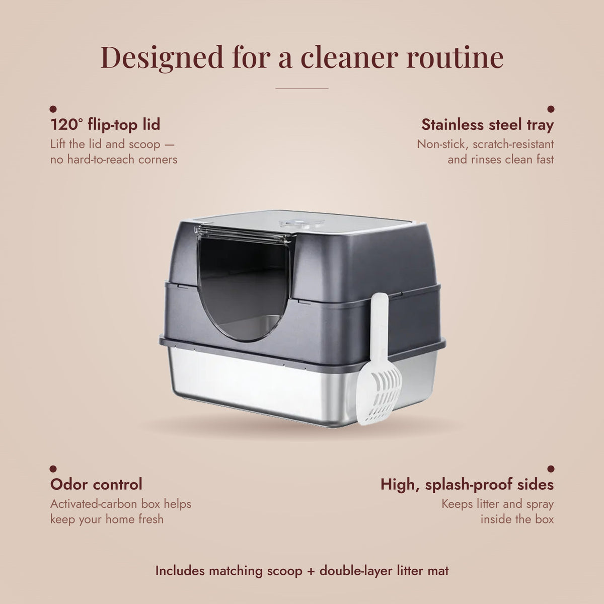 Galaxy litter box features: 120 degree flip-top lid, stainless steel tray, odor control and high splash-proof sides