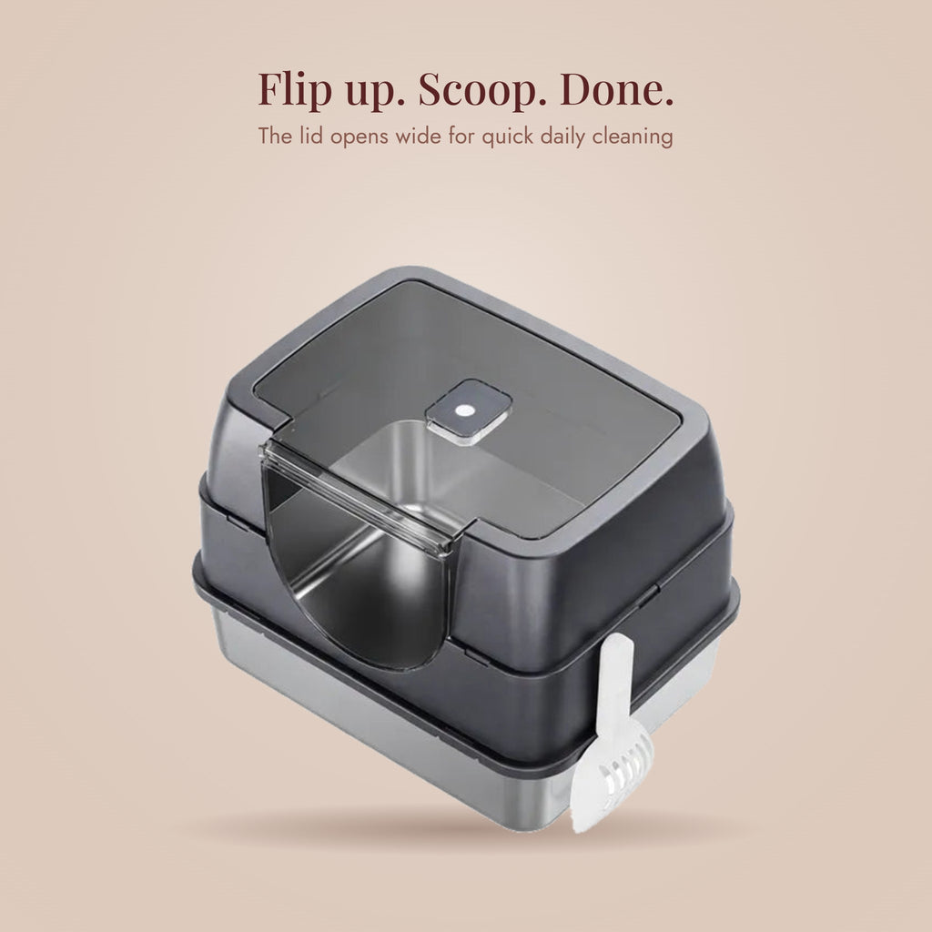 Charcoal Galaxy flip-top litter box with the lid open showing the stainless steel tray