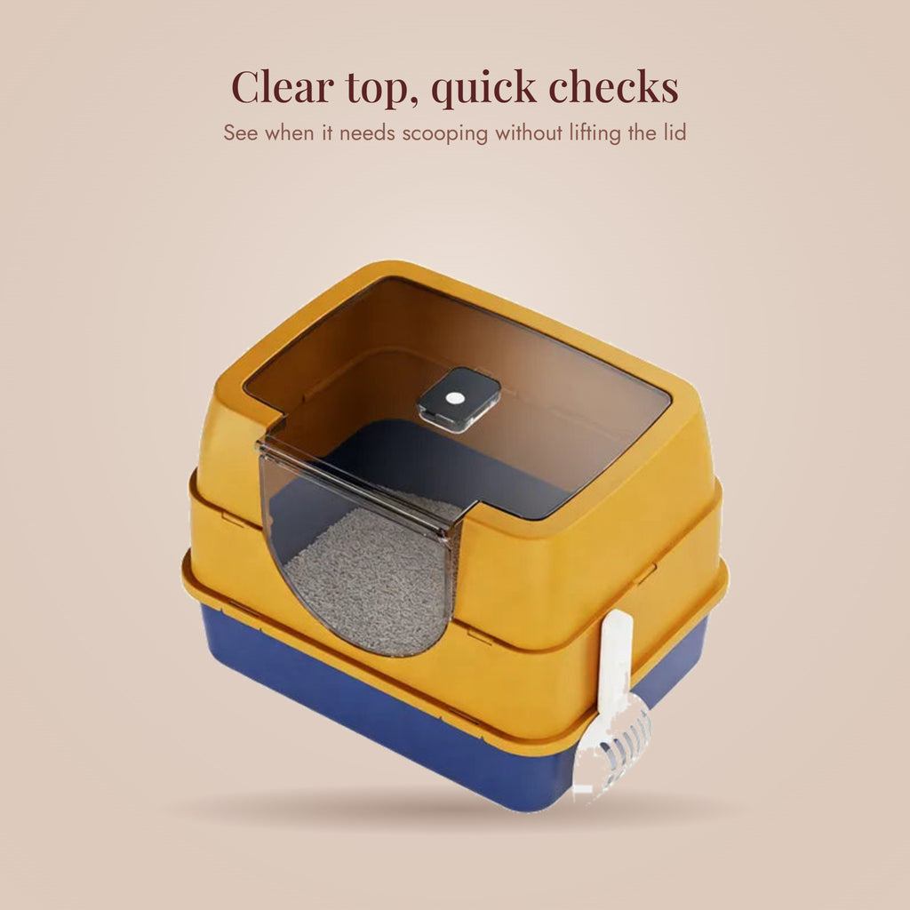 Sunflower yellow Galaxy flip-top litter box with the clear lid open