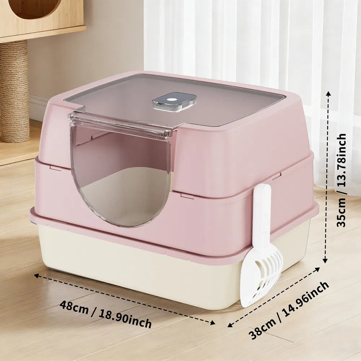 Blush pink Galaxy litter box dimensions: 18.9 in long, 15 in wide, 13.8 in high