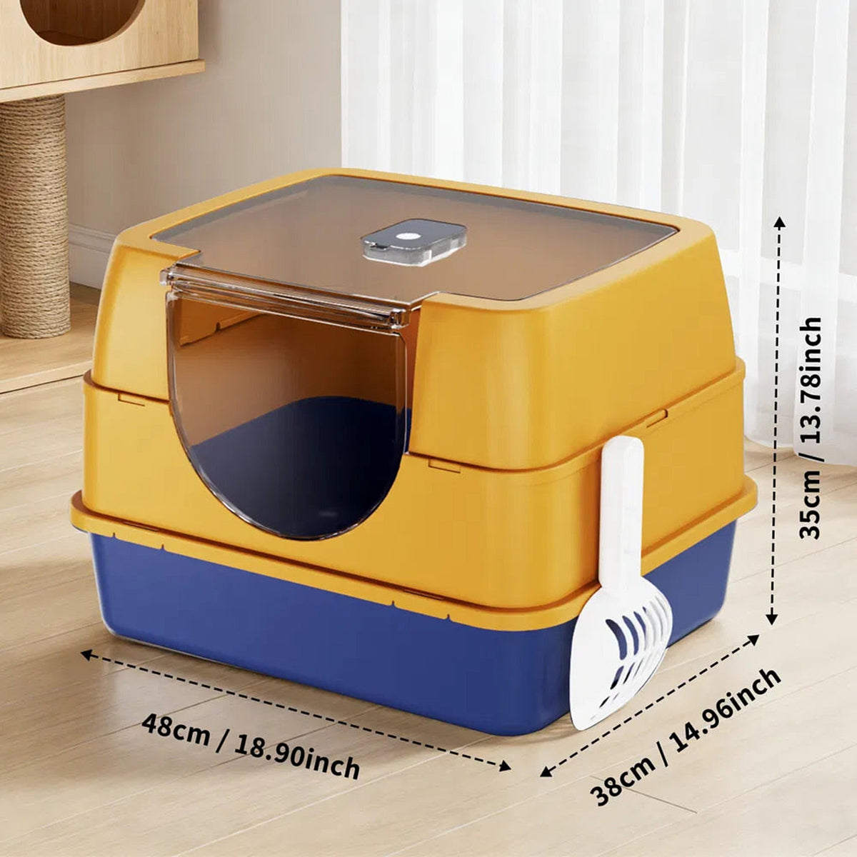 Sunflower yellow Galaxy litter box dimensions: 18.9 in long, 15 in wide, 13.8 in high