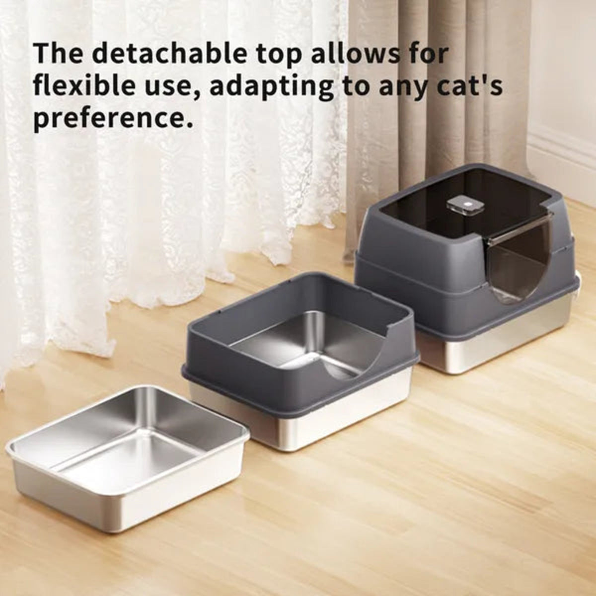 Galaxy litter box with the top removed to use as an open stainless steel litter tray
