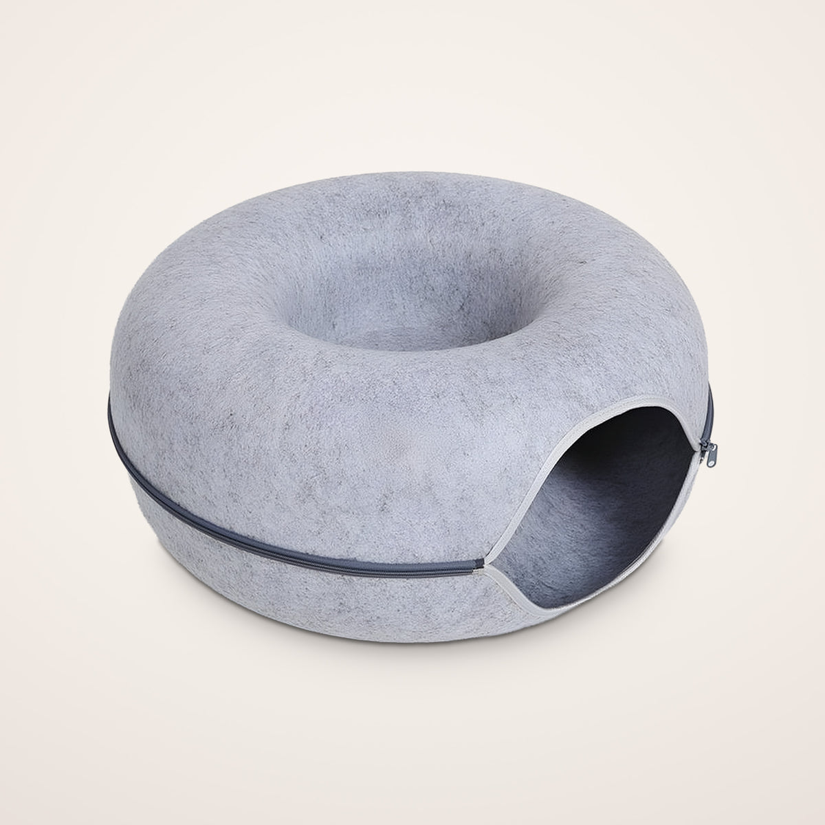Halo felt cat cave in Light Gray, round donut cat bed and tunnel with zipper