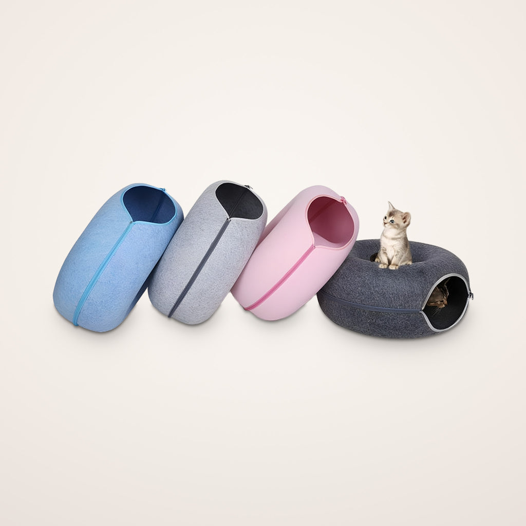Felt cat caves in sky blue, light gray, light pink and dark gray with kittens playing in a donut tunnel bed