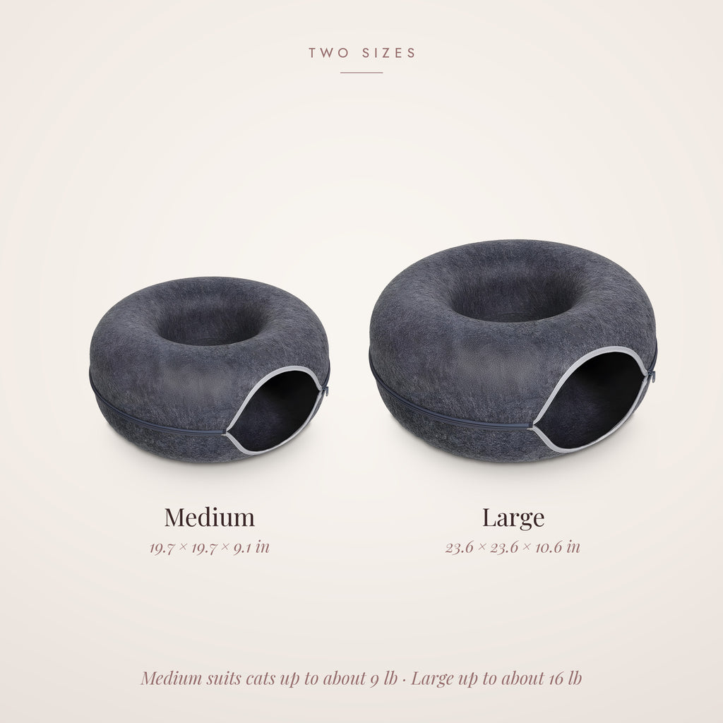 Felt cat cave sizes: Medium 19.7 x 19.7 x 9.1 in and Large 23.6 x 23.6 x 10.6 in