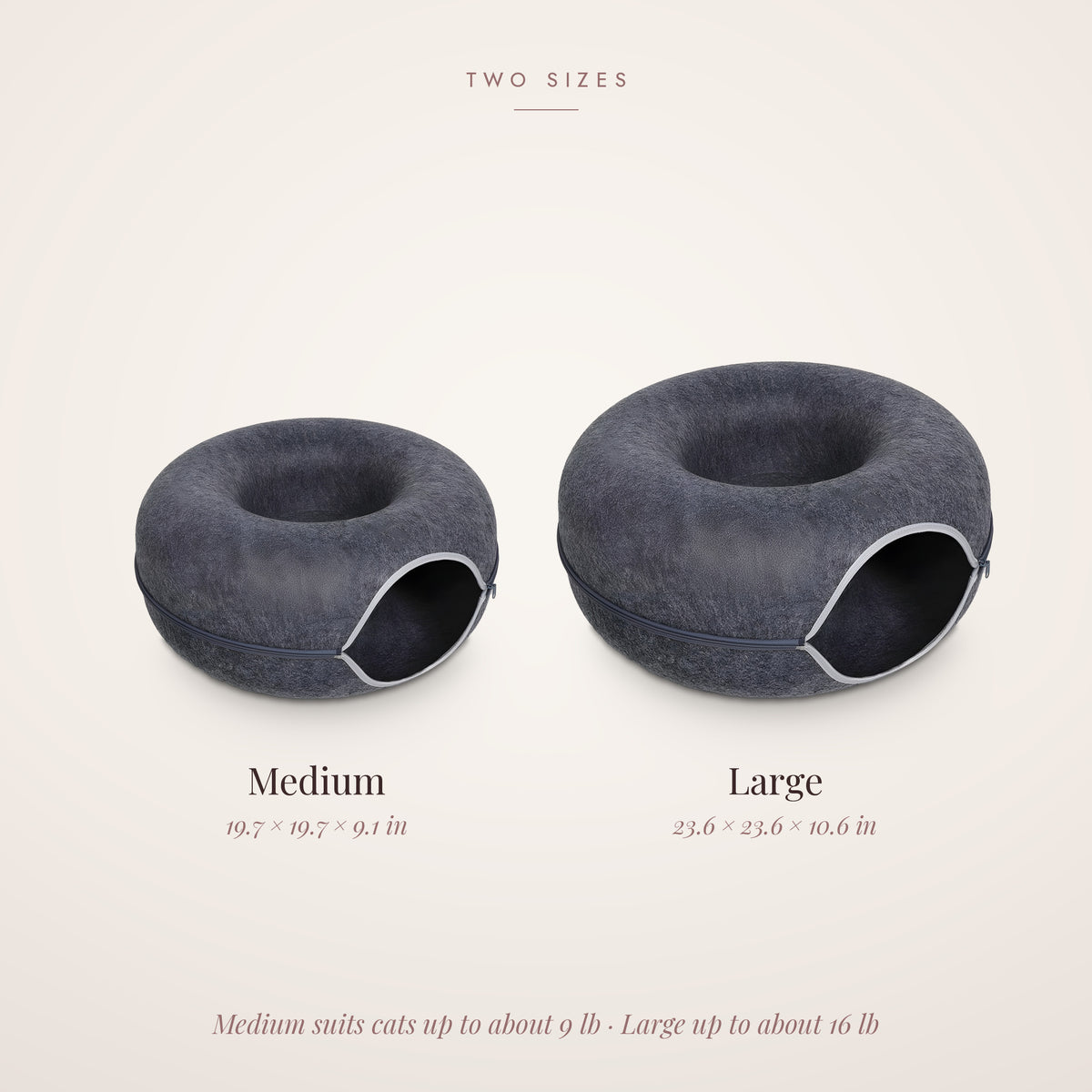 Felt cat cave sizes: Medium 19.7 x 19.7 x 9.1 in and Large 23.6 x 23.6 x 10.6 in
