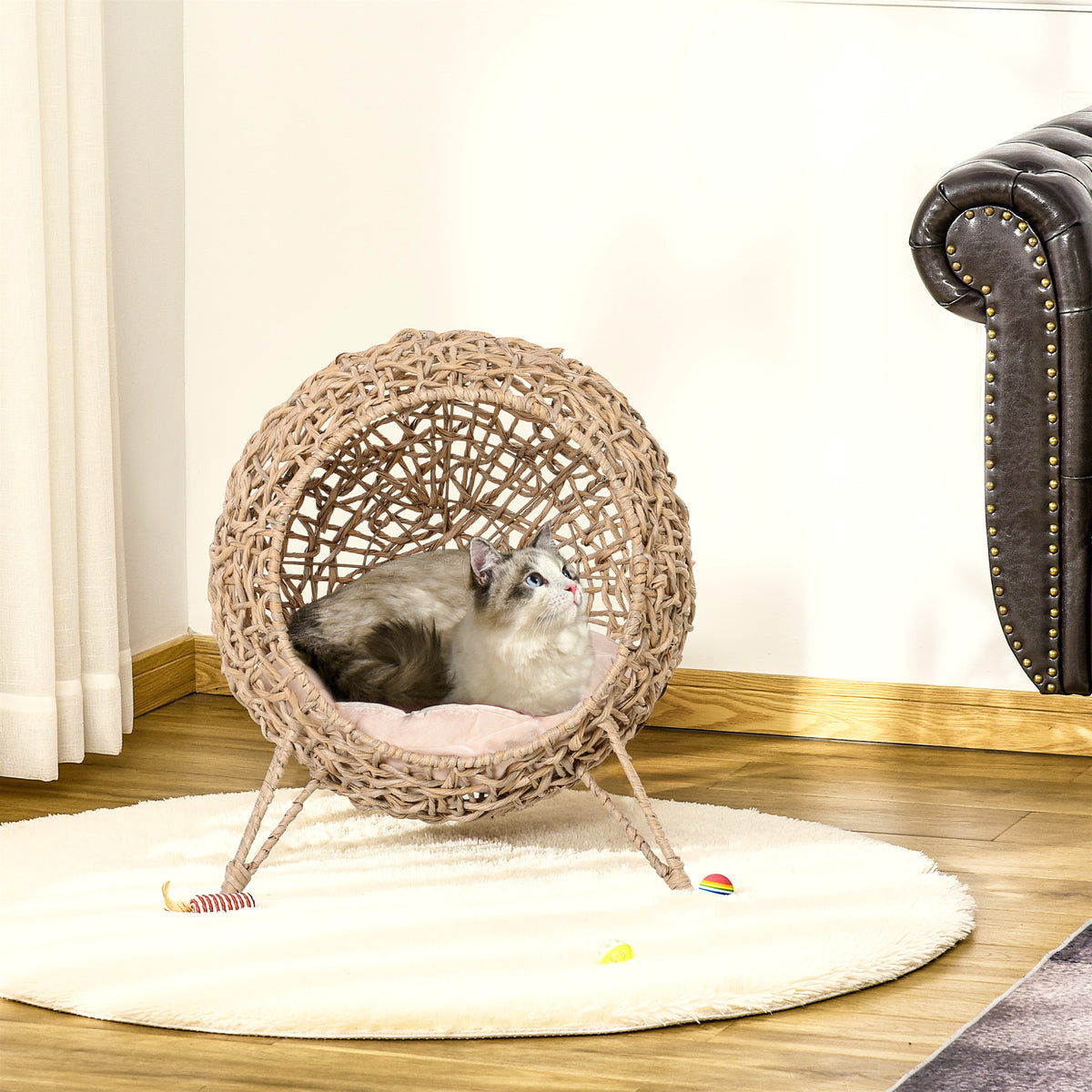 Hand-woven wicker cat bed with cushion on a round rug, raised kitten house for napping