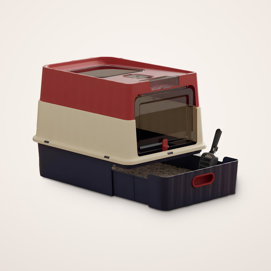 Hideaway enclosed drawer cat litter box with pull-out tray, front swing door and scoop