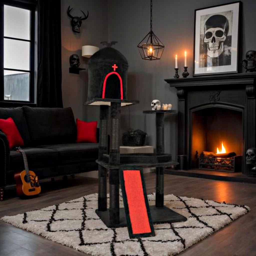 Gothic cat tree in a dark living room by the fireplace