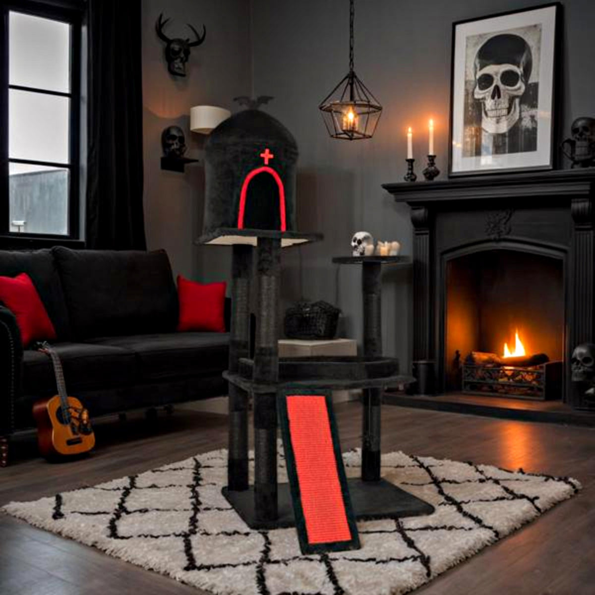 Gothic cat tree in a dark living room by the fireplace