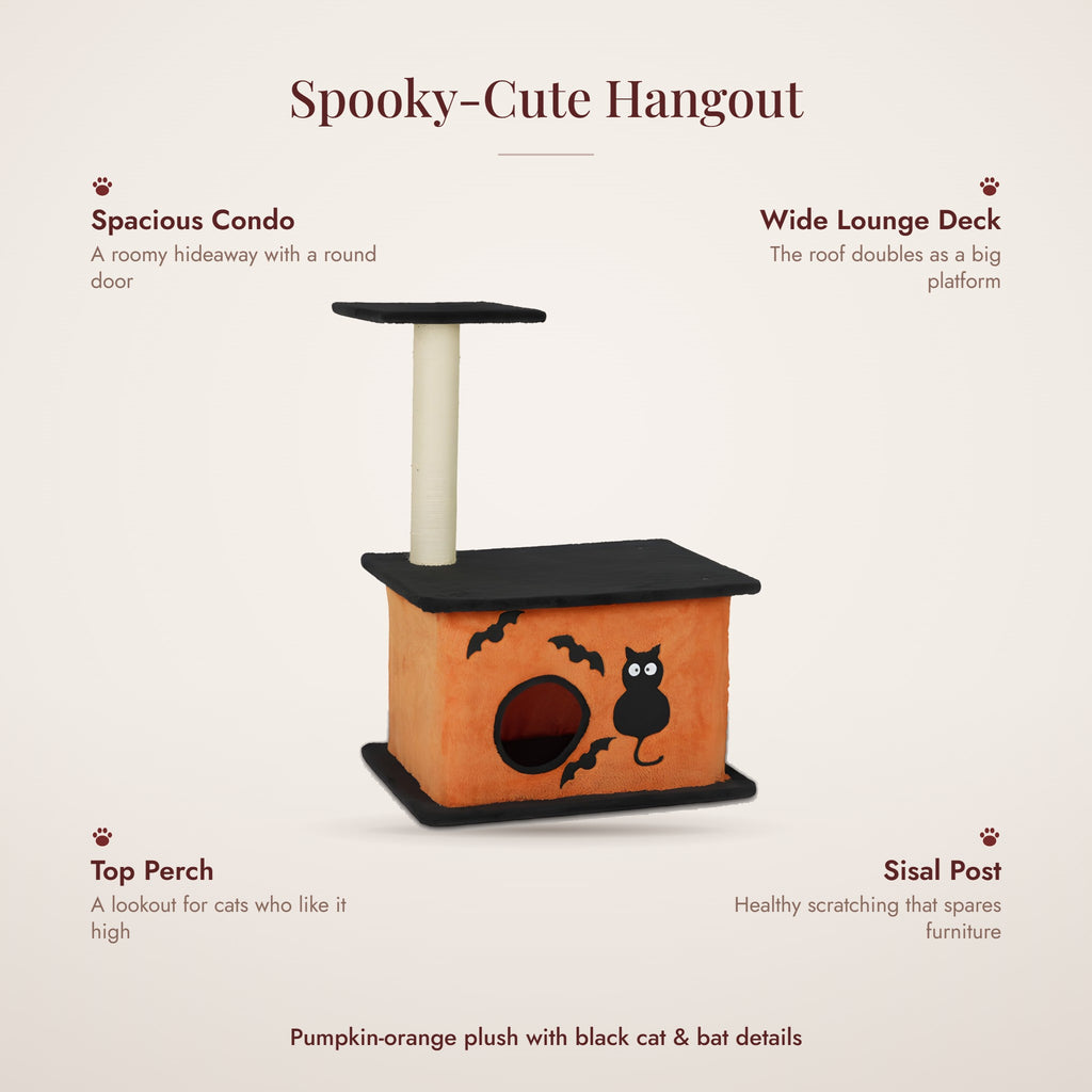 Pumpkin Manor Halloween Cat Tree features