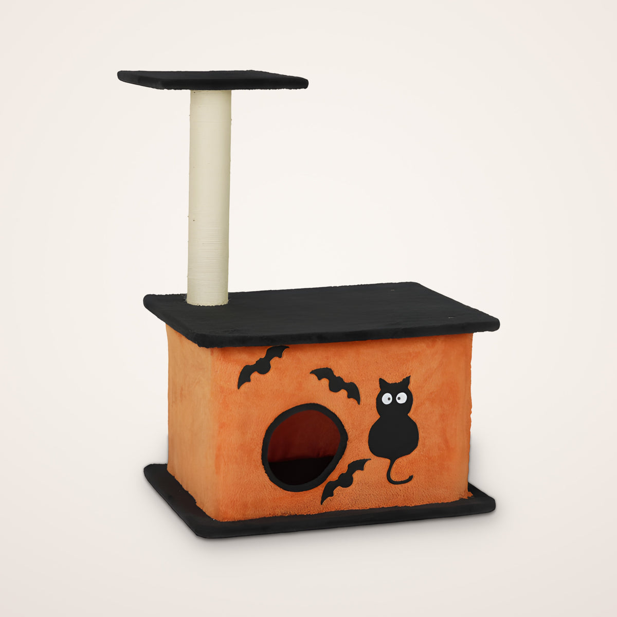 Pumpkin Manor Halloween cat tree, orange and black cat tower with condo and sisal scratching post