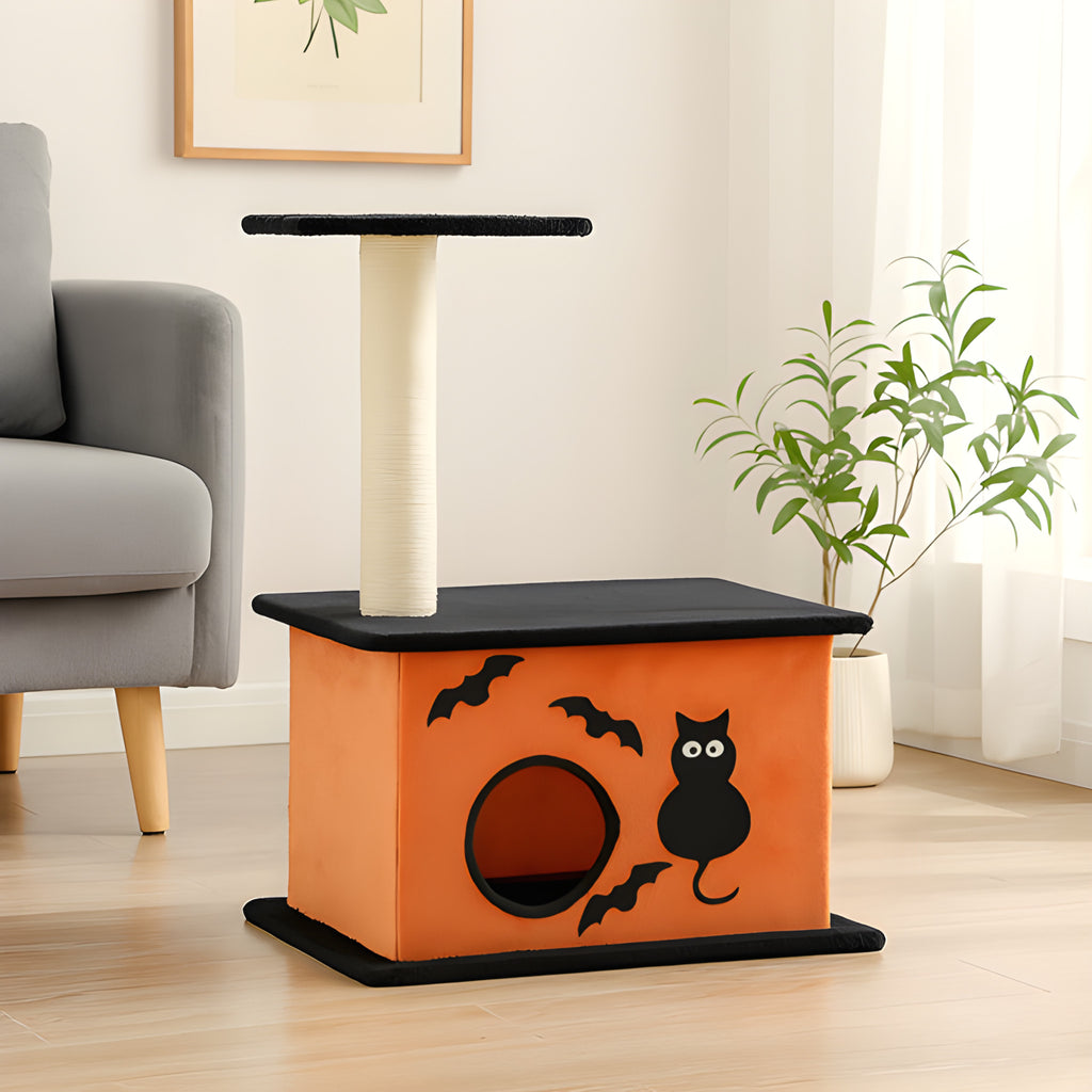 Orange Halloween cat tree with cat condo and top perch in a bright modern living room