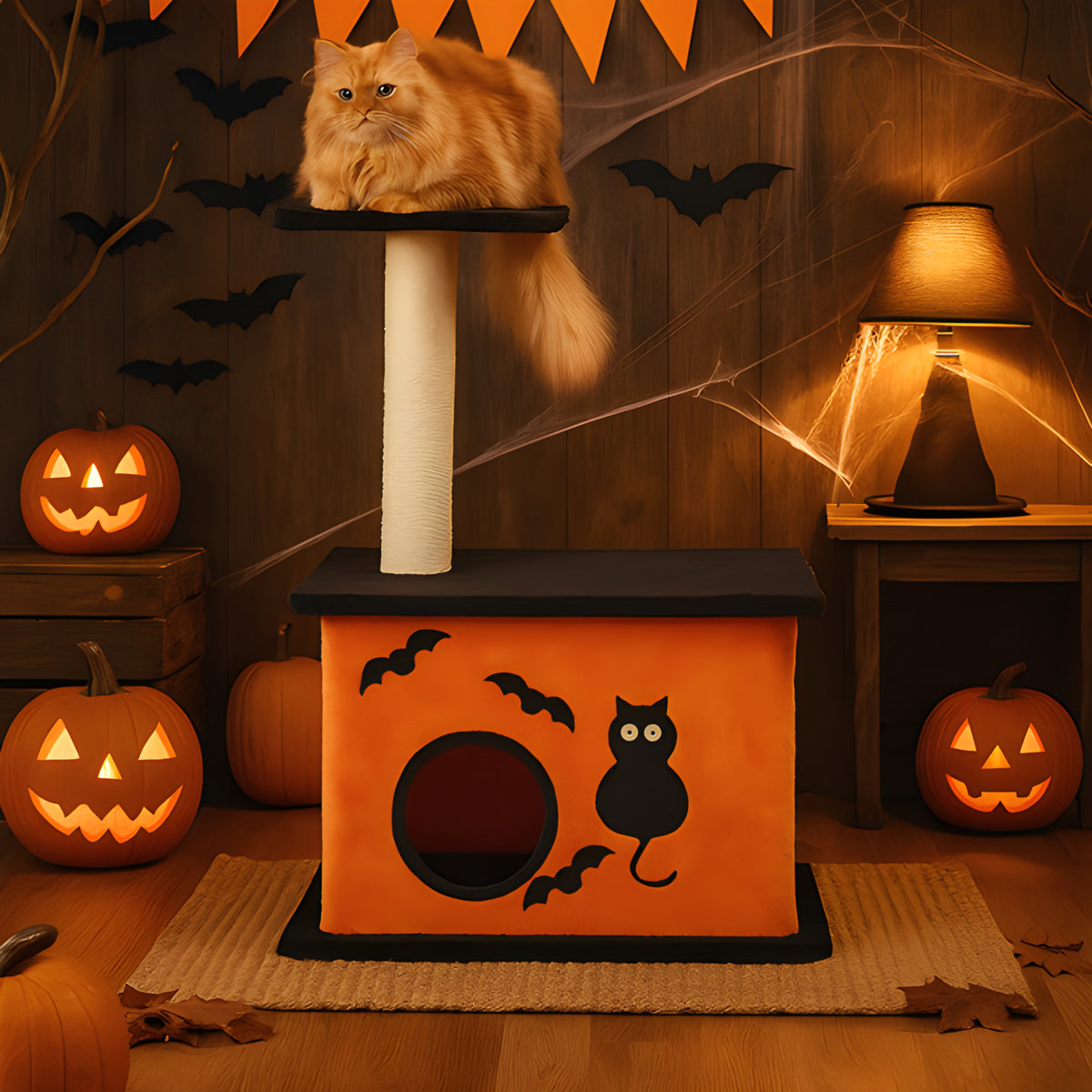 Cat lounging on the top perch of the Pumpkin Manor Halloween cat tree among jack-o'-lanterns