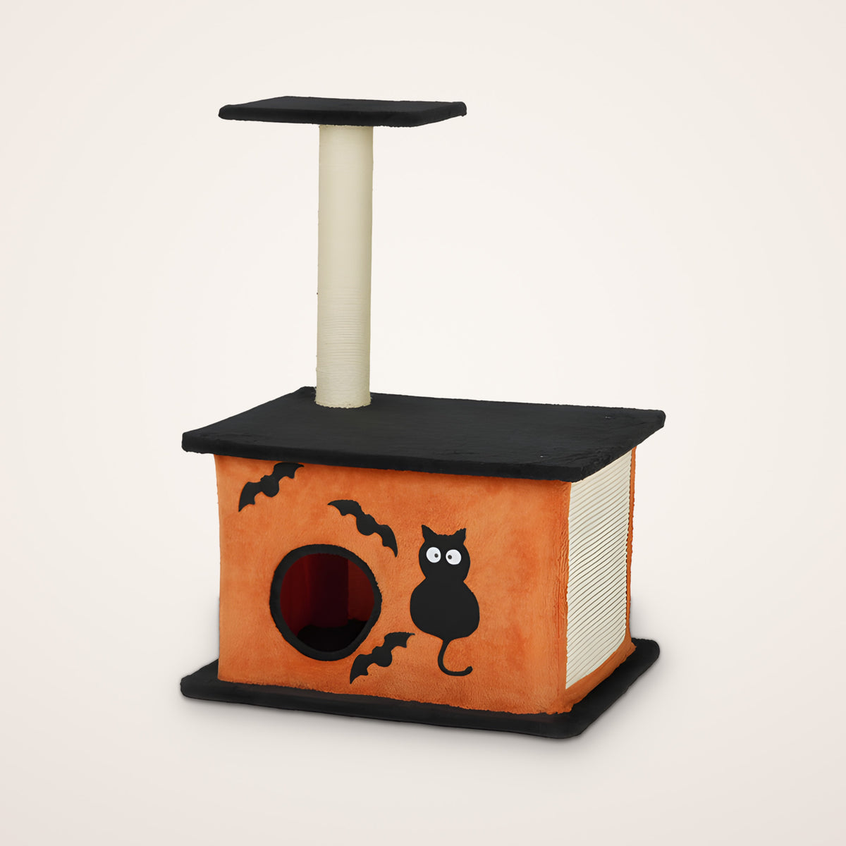 Side view of orange and black cat tree with sisal scratching post and extra-wide base