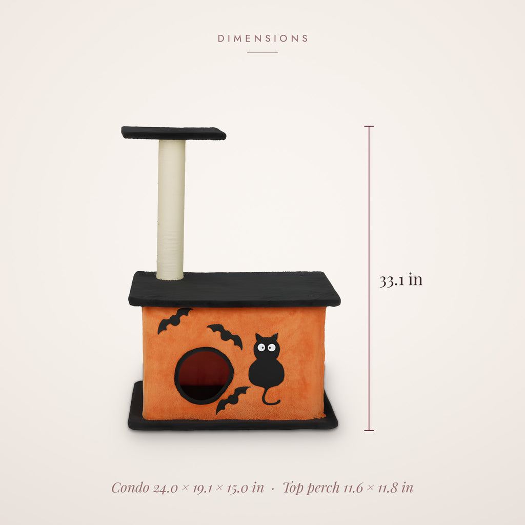 Halloween cat tree dimensions: 33.1 in tall, condo 24.0 x 19.1 x 15.0 in, top perch 11.6 x 11.8 in
