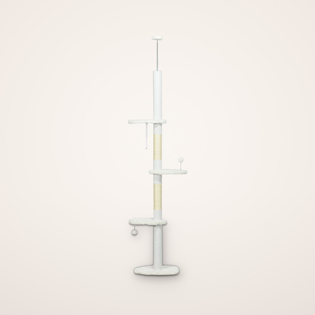 Skyline floor to ceiling cat tree in white, adjustable tall cat tower with three perches and rope-wrapped posts
