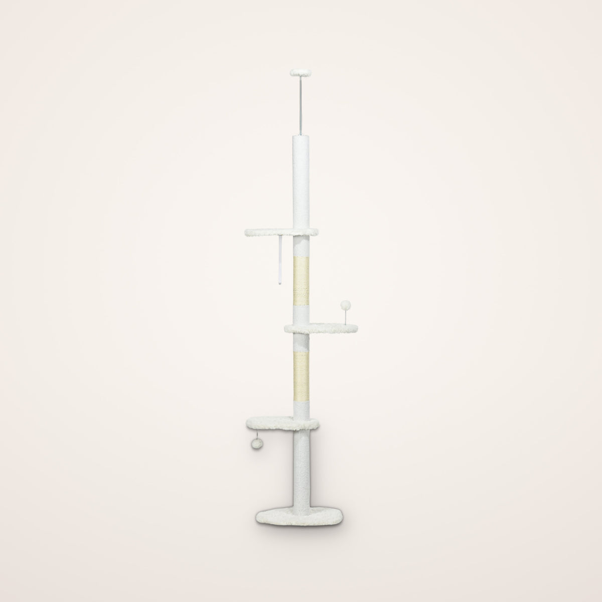 Skyline floor to ceiling cat tree in white, adjustable tall cat tower with three perches and rope-wrapped posts