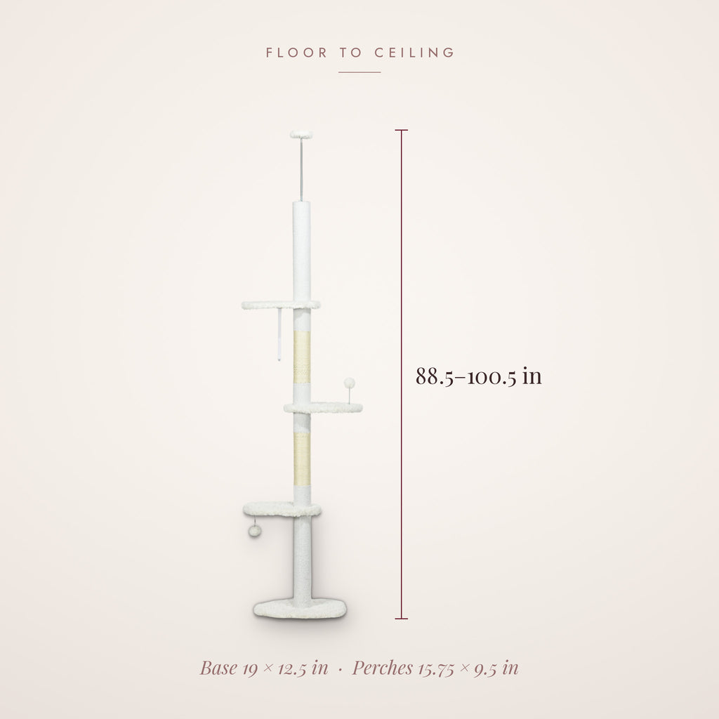 Floor to ceiling cat tree dimensions: adjusts from 88.5 to 100.5 in high, base 19 x 12.5 in