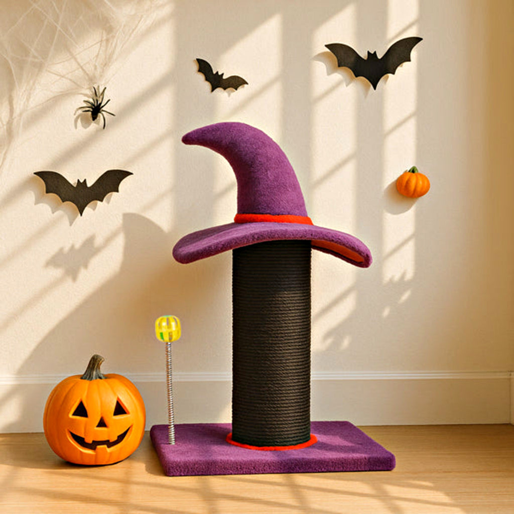 Wizard hat scratching post styled for Halloween
