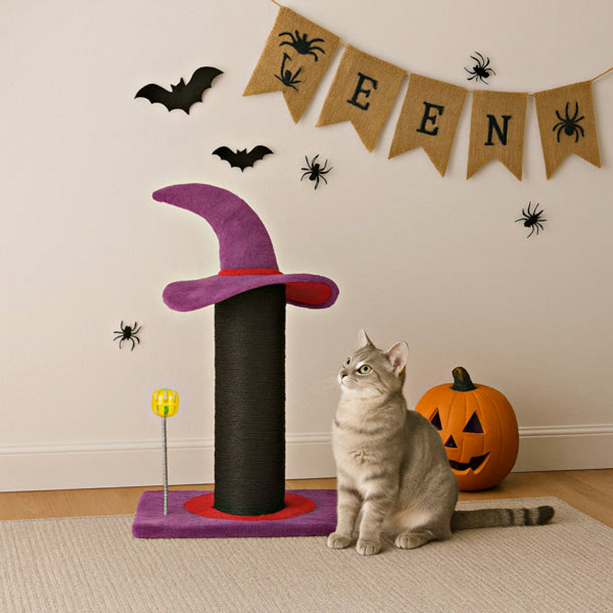 Tabby cat beside the wizard hat scratching post